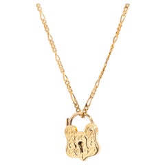 Vintage Circa 1970s 9 Carat Yellow Gold Padlock Pendant with Fine Figaro Chain
