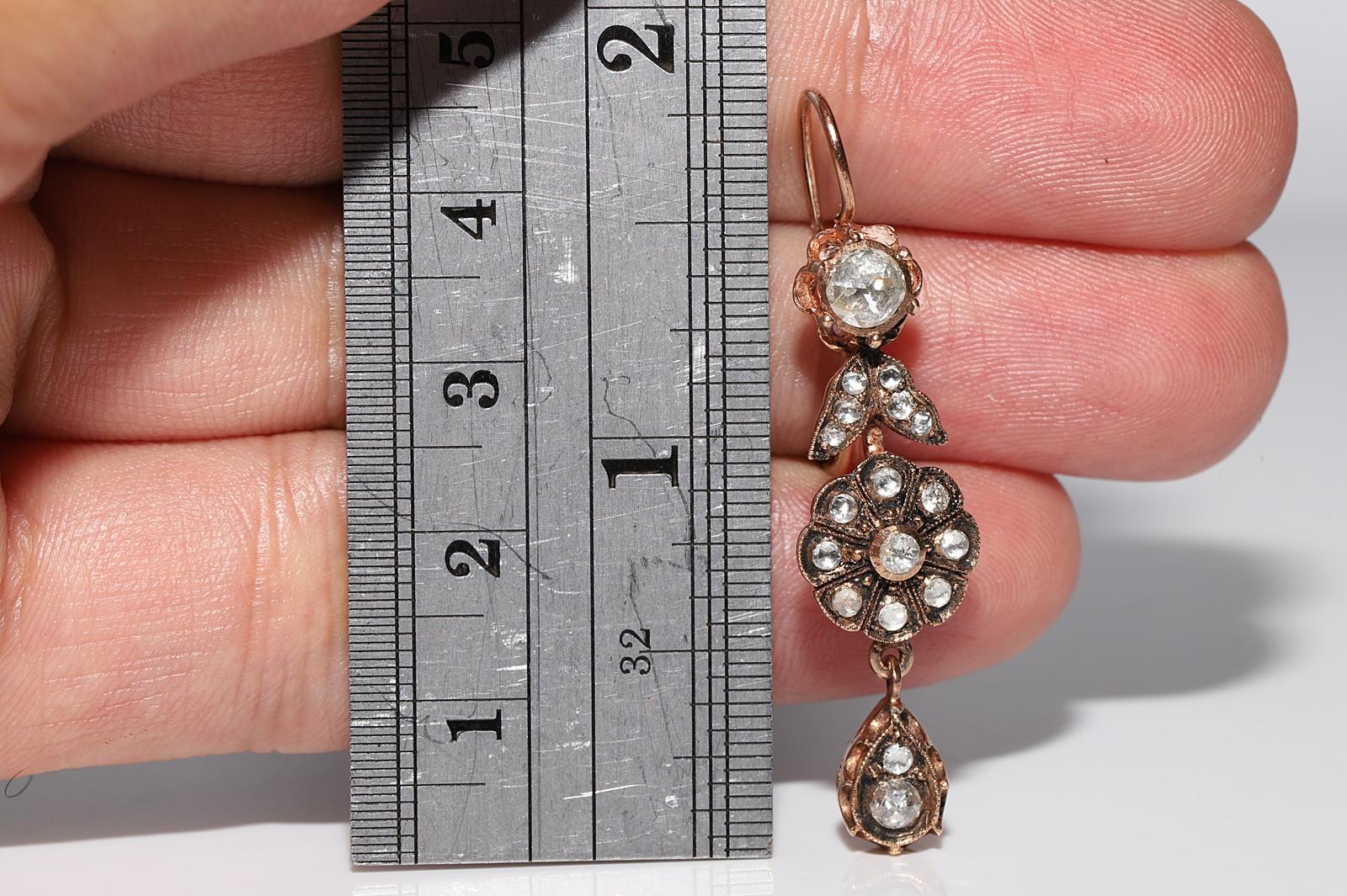 Vintage Circa 1970er Jahre 9k Gold Natürlicher Rosenschliff Diamant Dekorierter Tropfenohrring im Angebot 8