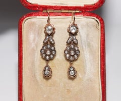 Vintage Circa 1970s 9k Gold Natural Rose Cut Diamond Decorated Drop Earring