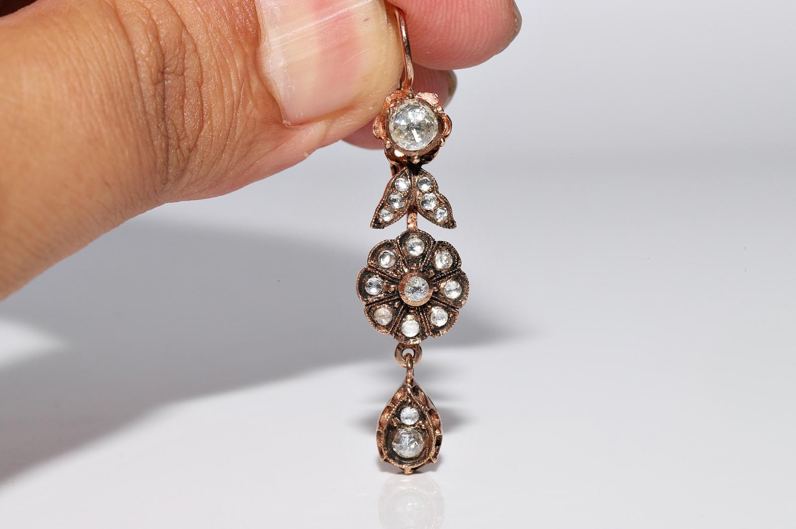 Vintage Circa 1970er Jahre 9k Gold Natürlicher Rosenschliff Diamant Dekorierter Tropfenohrring Damen im Angebot