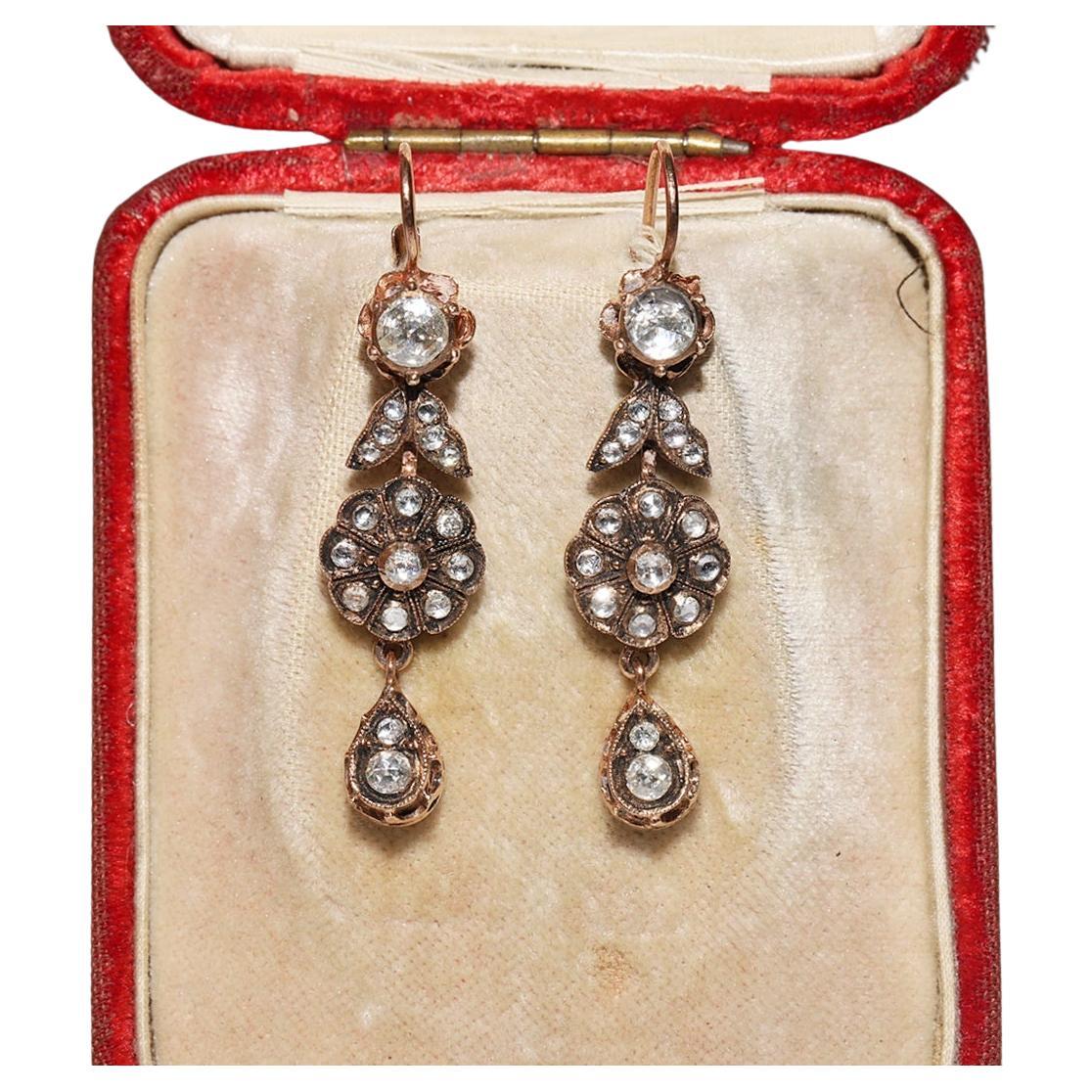 Vintage Circa 1970s 9k Gold Natural Rose Cut Diamond Decorated Drop Earring