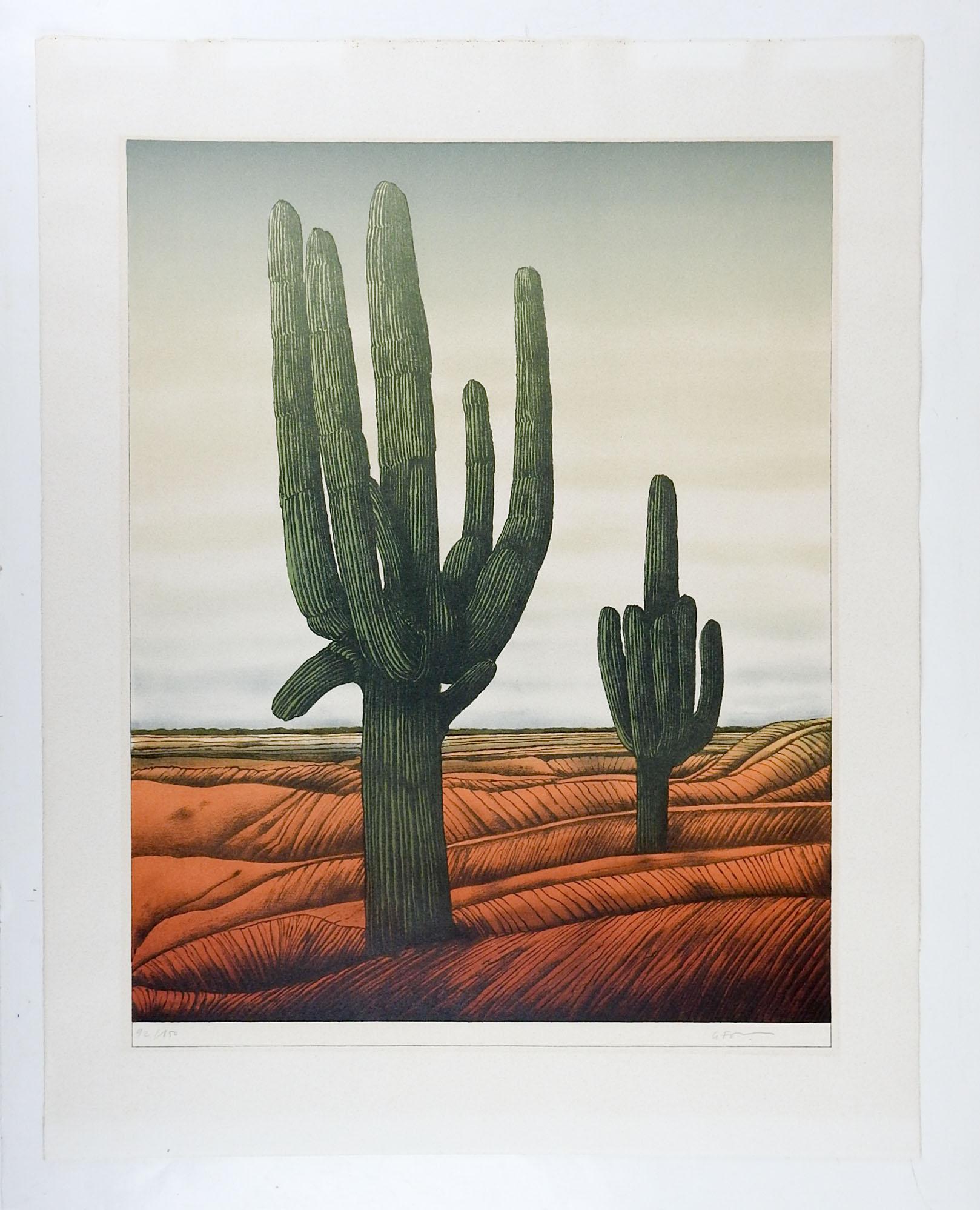 Vintage circa 1970s lithograph on paper of desert saguaro cactus landscape by Adain Le Foll (1935-1981) France. Signed and numbered 92/150 in pencil along lower margin. Unframed, age toning, tape remains on verso.