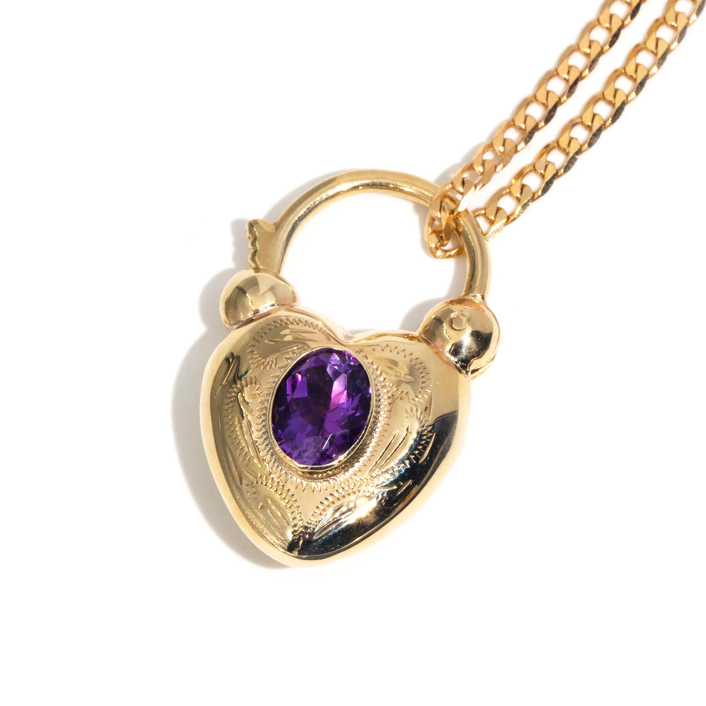 Modern Vintage Circa 1970s Amethyst Heart Shaped Pendant & Chain 9 Carat Yellow Gold  For Sale