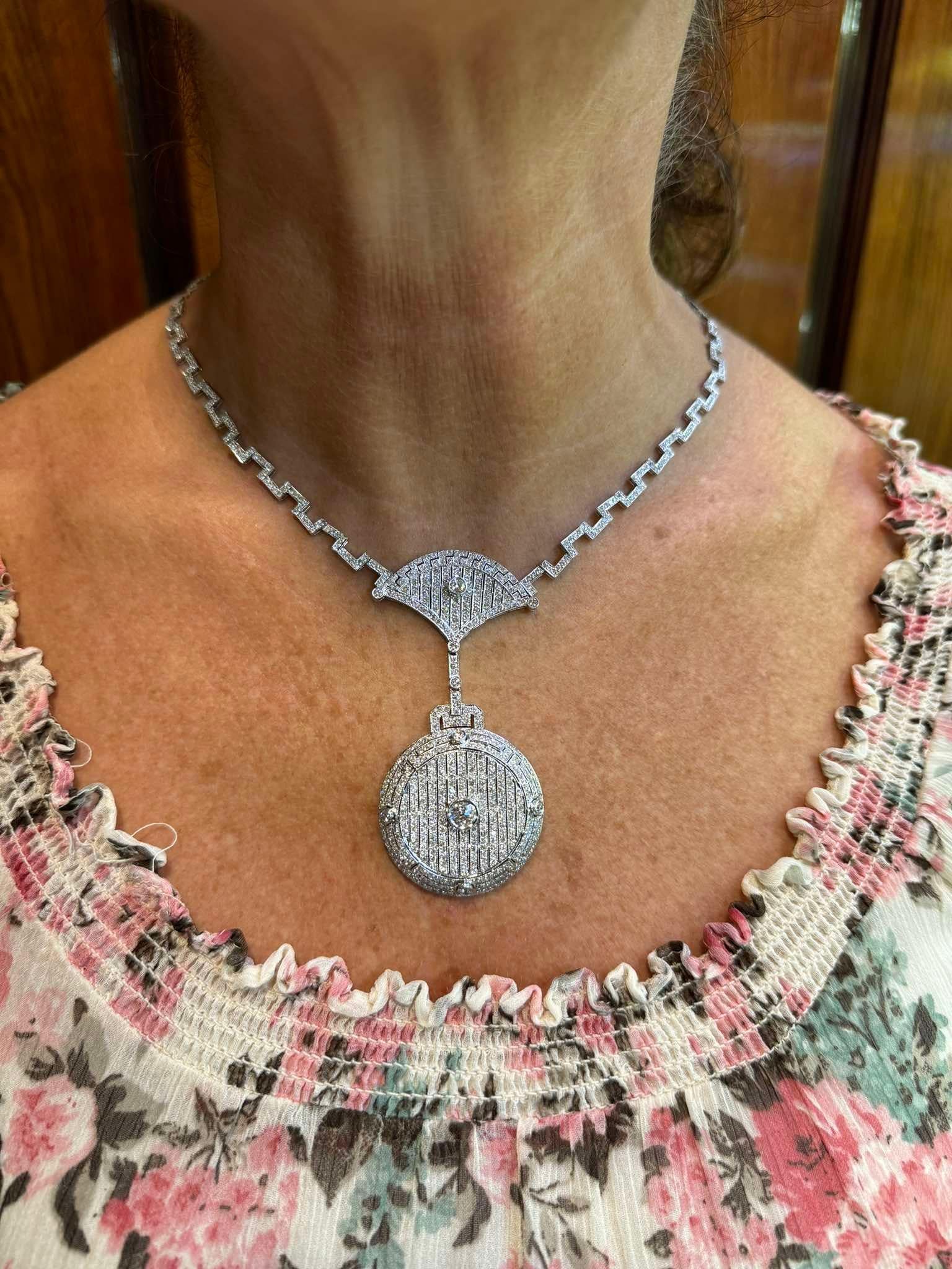 Vintage Circa 1970s Art Deco Platinum Natural Diamond Decorated Necklace For Sale 12