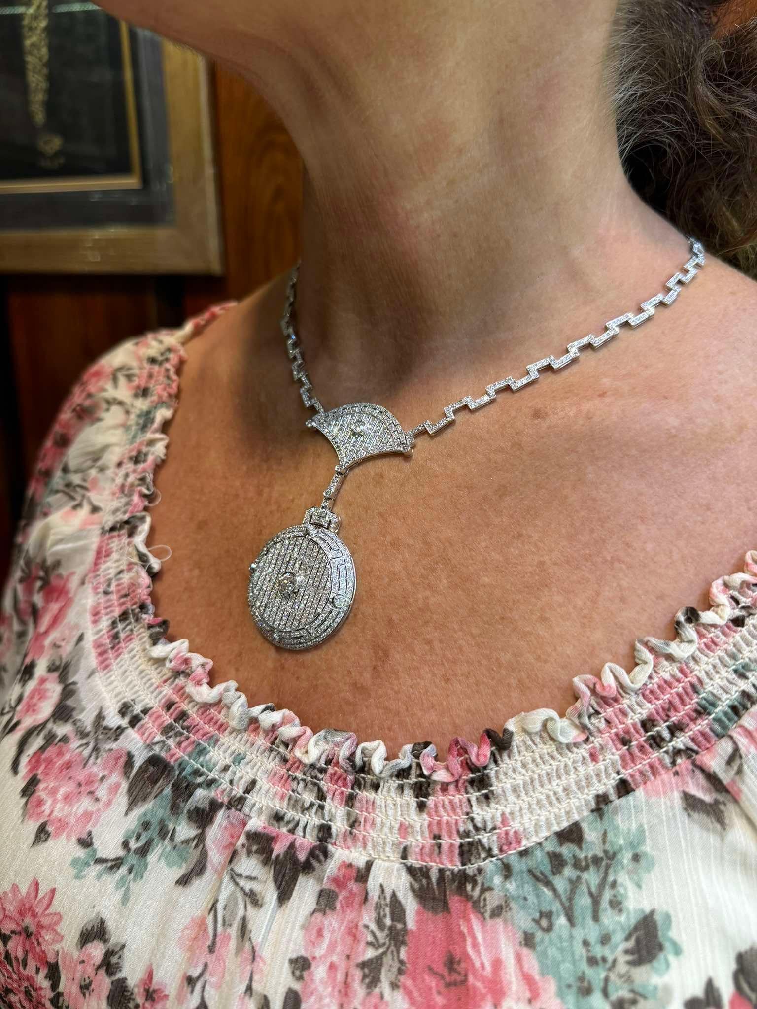 Vintage Circa 1970s Art Deco Platinum Natural Diamond Decorated Necklace For Sale 14