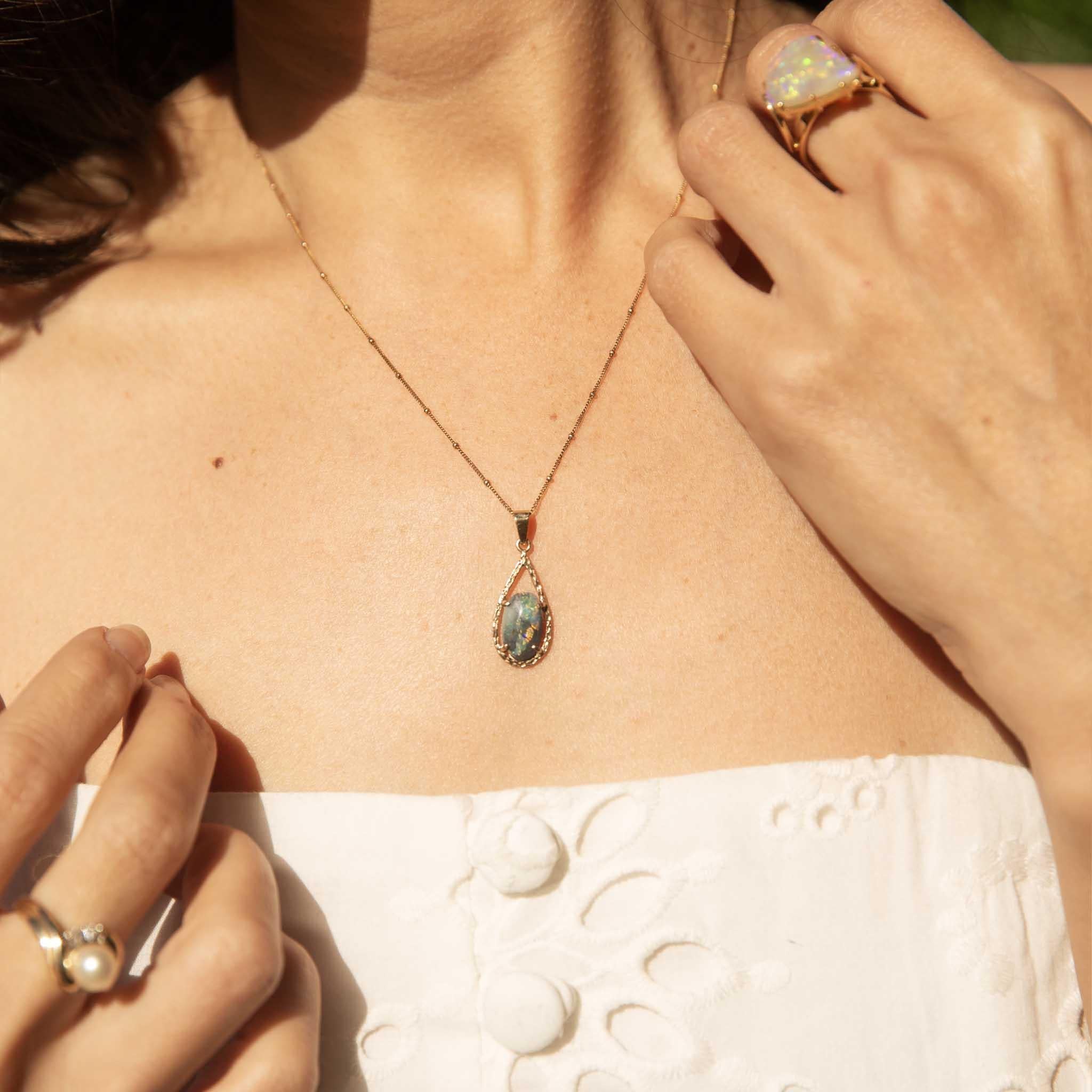 Women's Vintage Circa 1970s Australian Black Opal Pendant 9 Carat Gold For Sale
