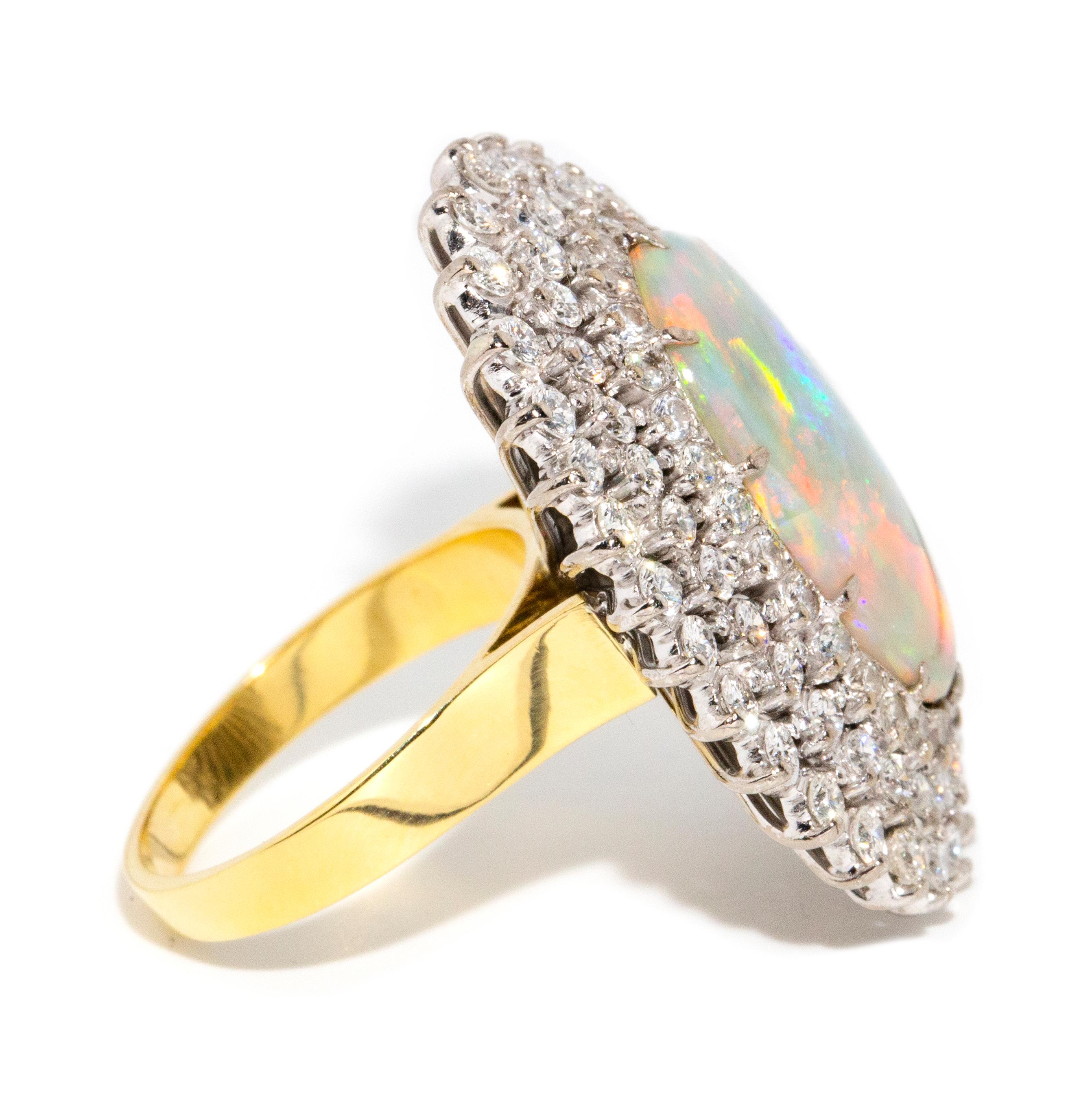 Vintage Circa 1970s Australian Oval Solid Opal & Diamond Halo Ring 18 Carat Gold For Sale 3