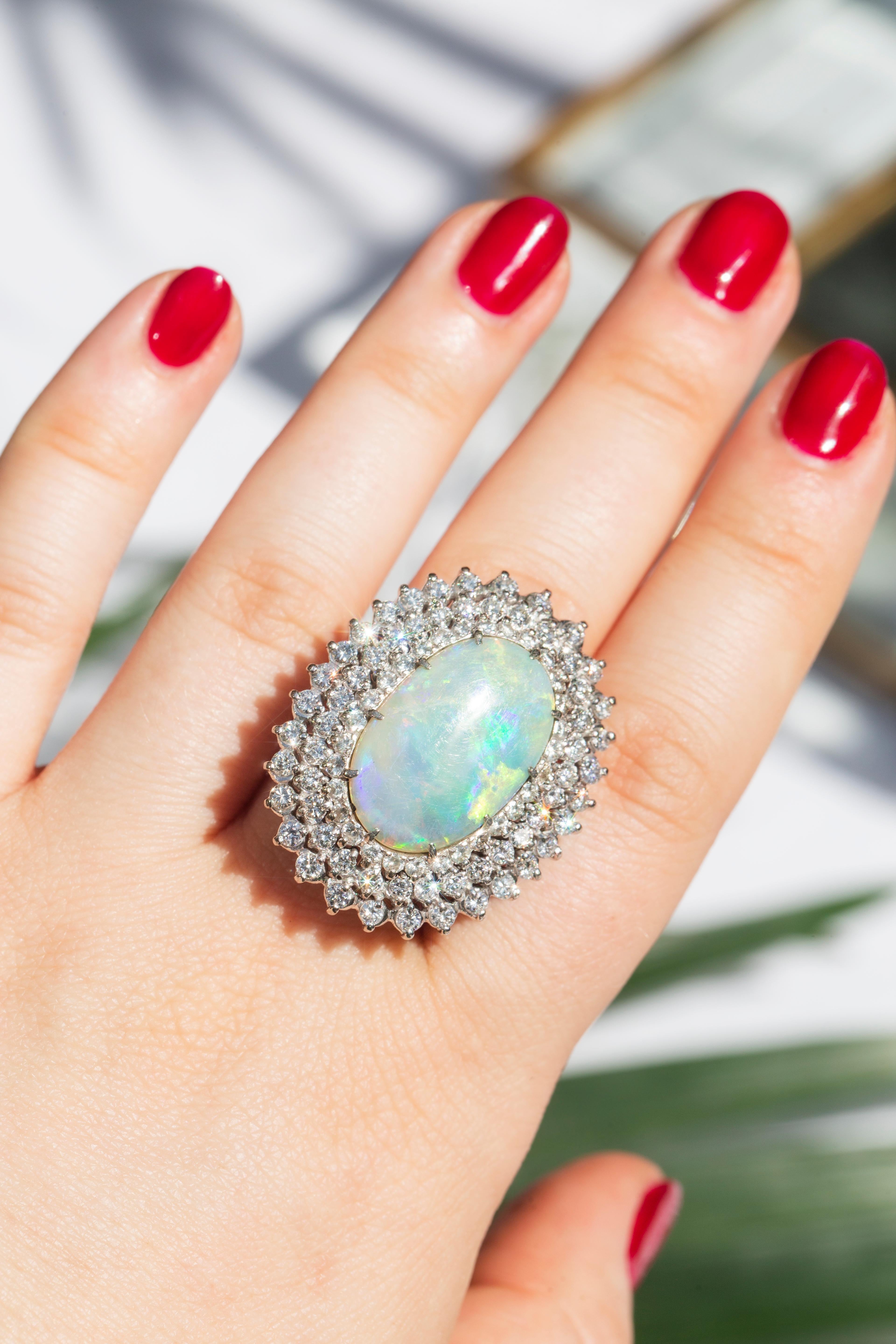 Vintage Circa 1970s Australian Oval Solid Opal & Diamond Halo Ring 18 Carat Gold For Sale 2