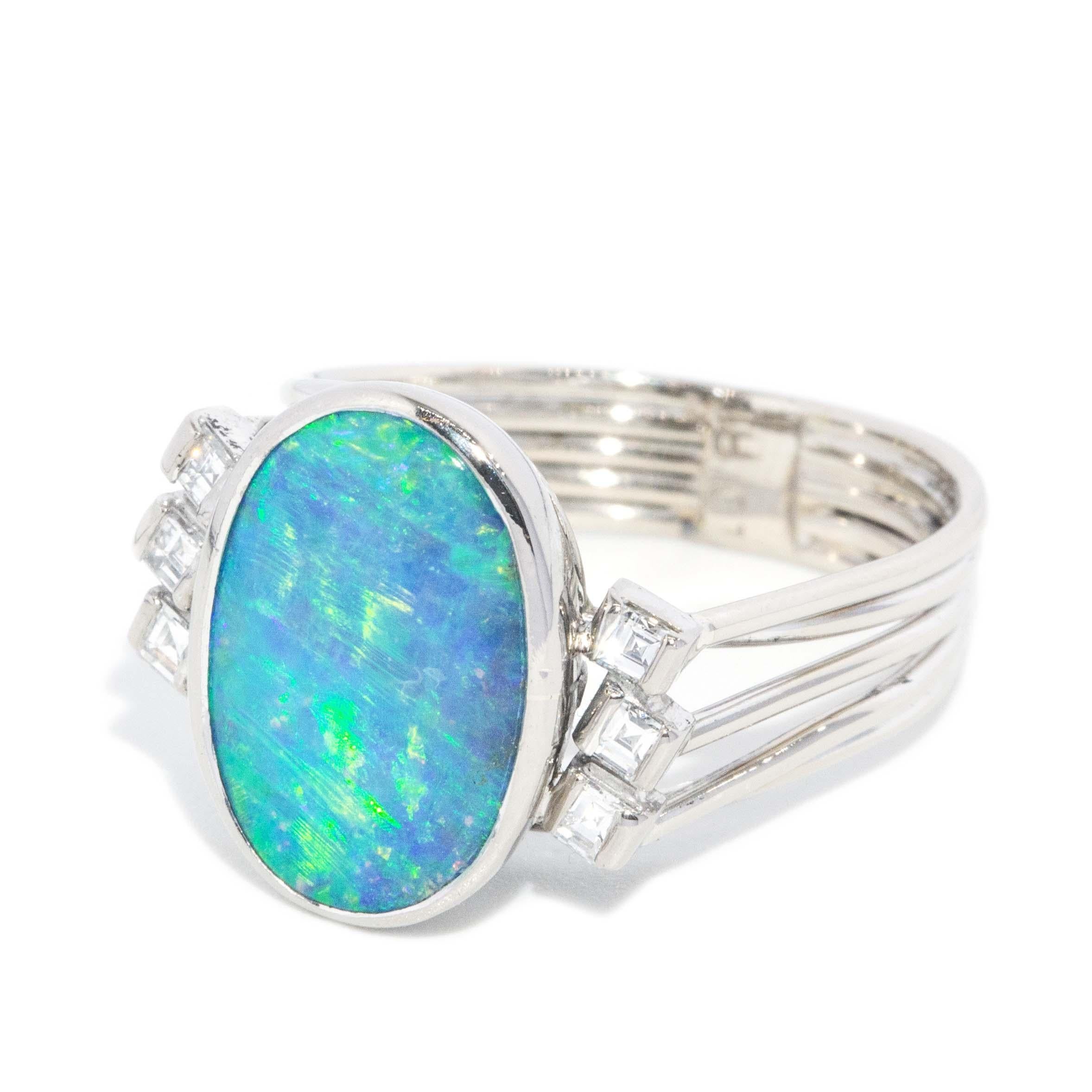 Vintage CIRCA 1970er Schwarzer Opal & Diamantring 18 Karat Weißgold (Moderne) im Angebot