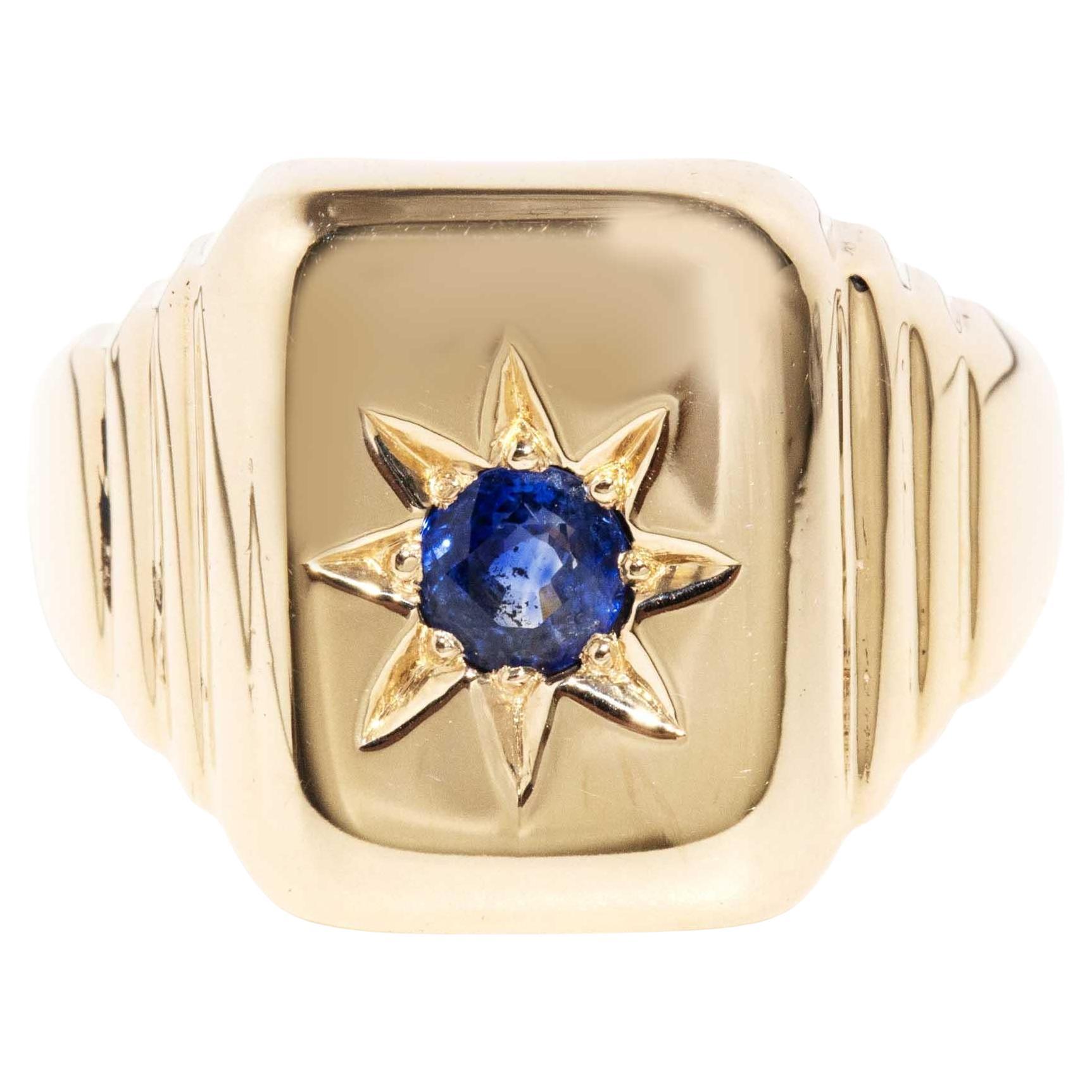 Vintage Circa 1970s Blue Sapphire Signet Ring 9 Carat Yellow Gold