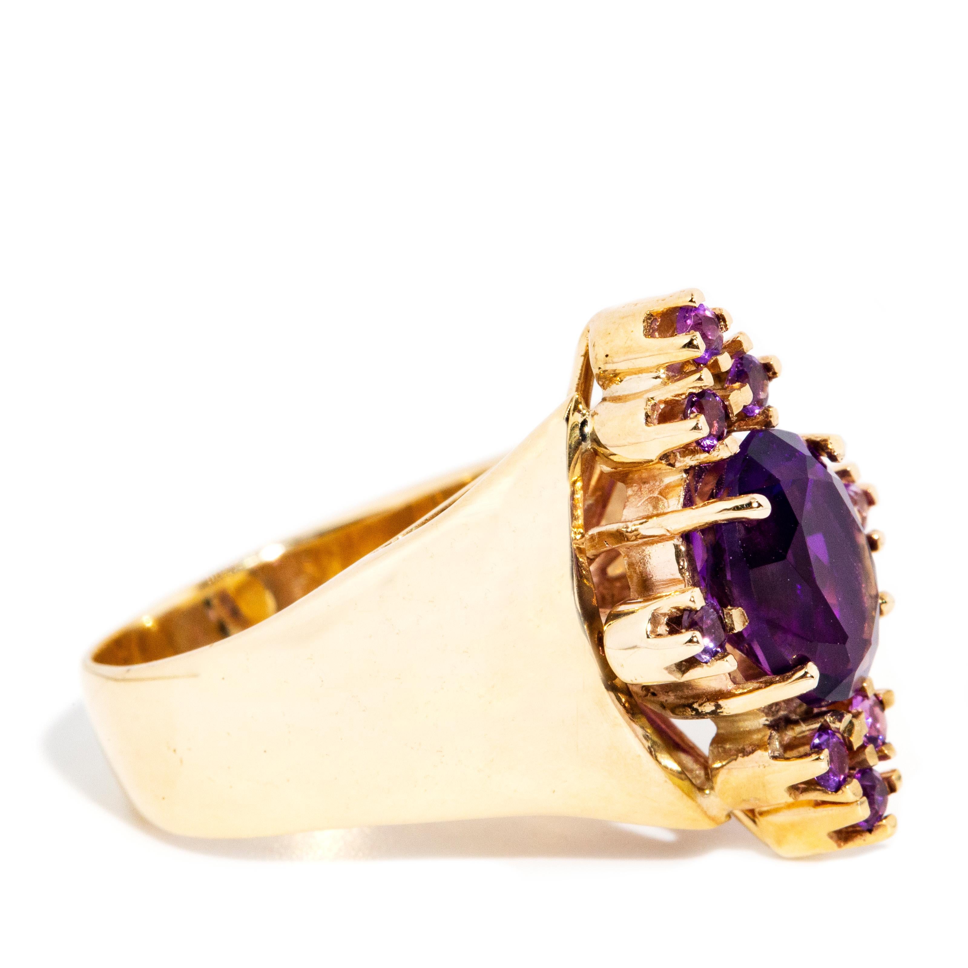 Women's Vintage Circa 1970s Deep Purple Amethyst Cluster Cocktail Ring 9 Carat Gold For Sale