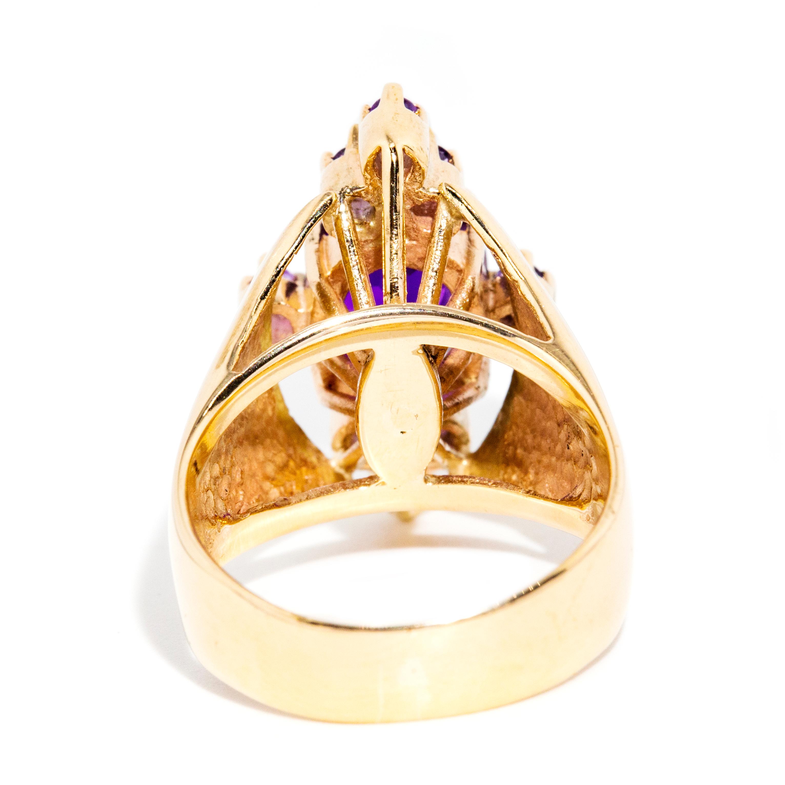 Vintage Circa 1970s Deep Purple Amethyst Cluster Cocktail Ring 9 Carat Gold For Sale 2