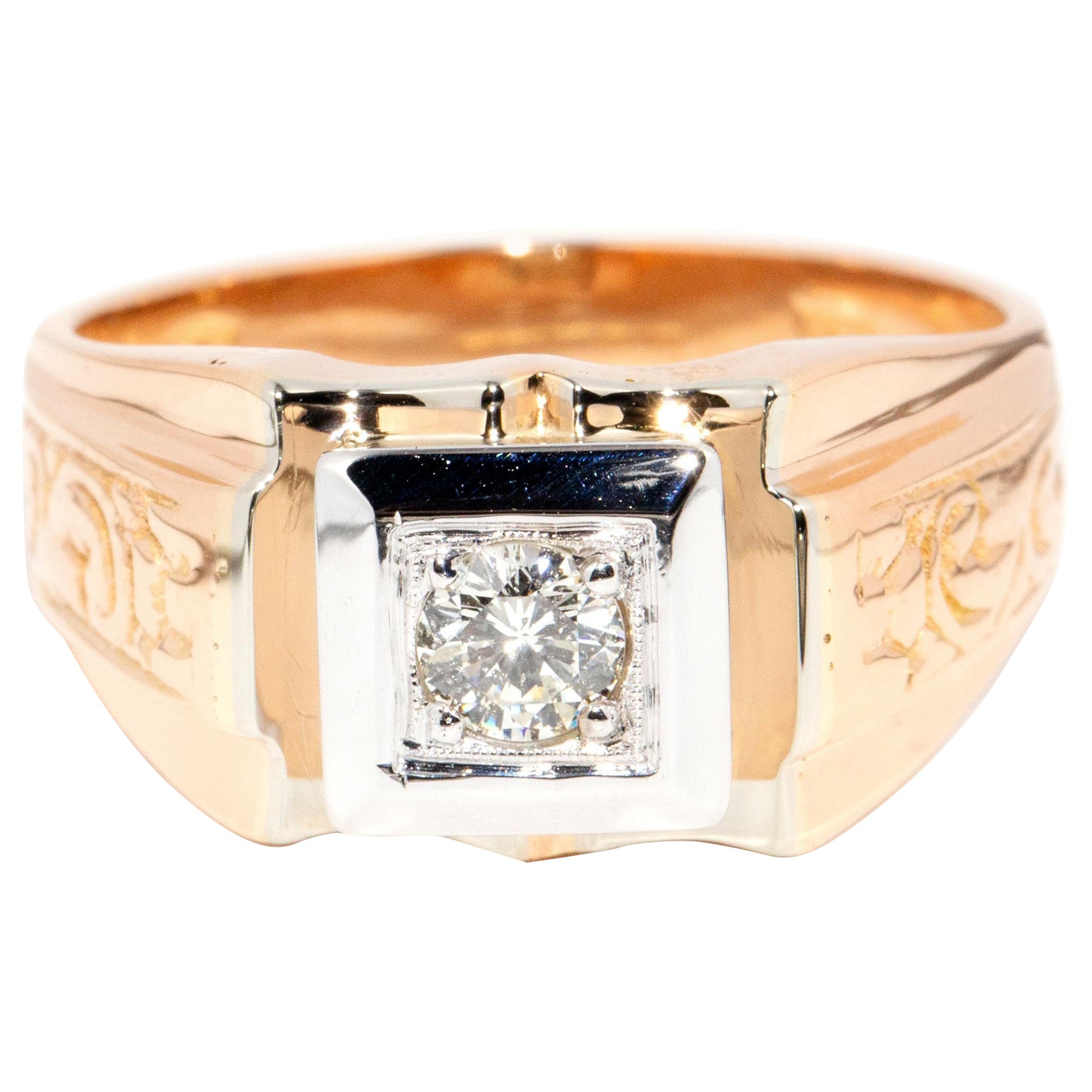 Siegelring, gemustert, 18 Karat Gelb- und Weißgold, Vintage, ca. 1970er Jahre