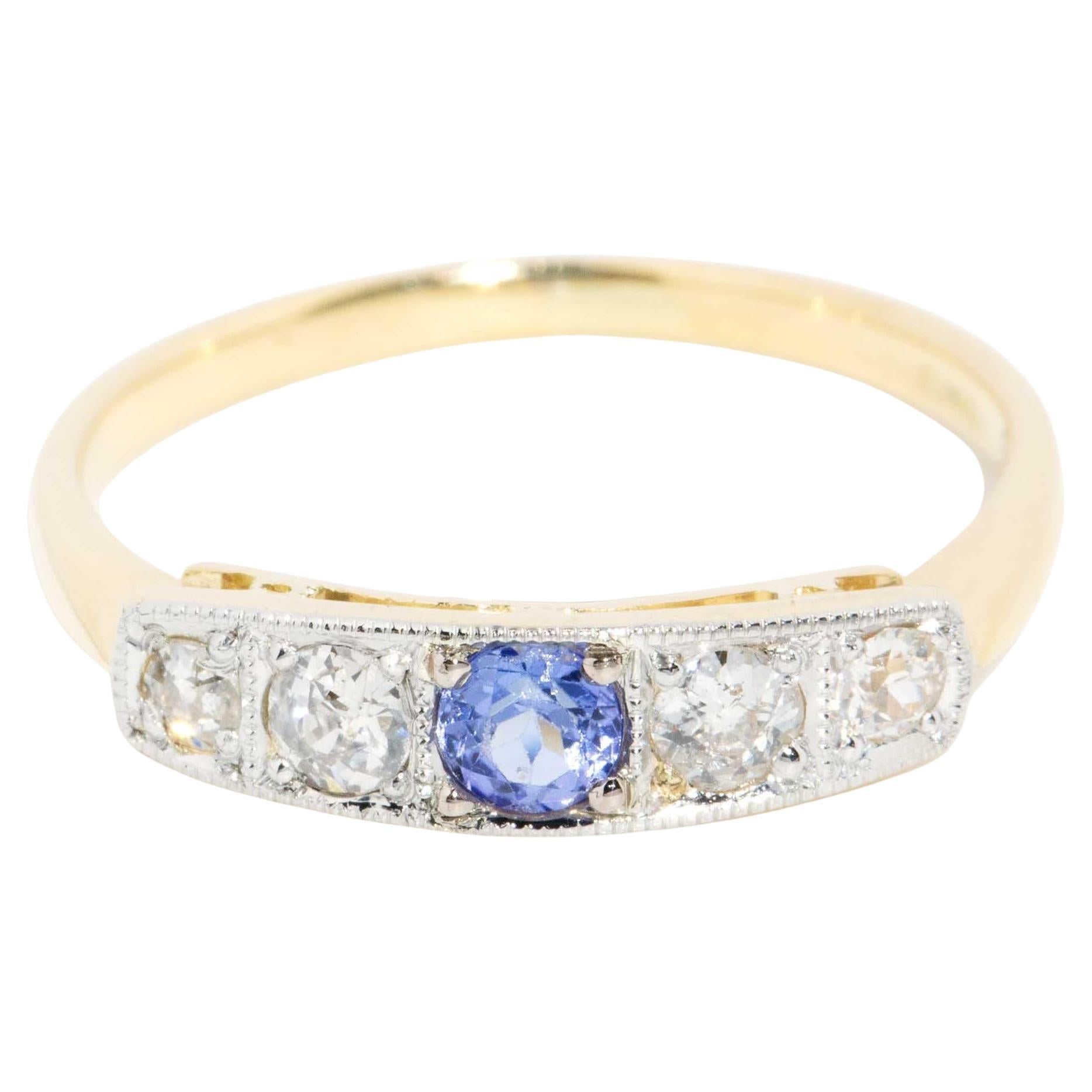 Vintage Circa 1970s Diamond Sapphire Band 18 Carat Yellow & White Gold
