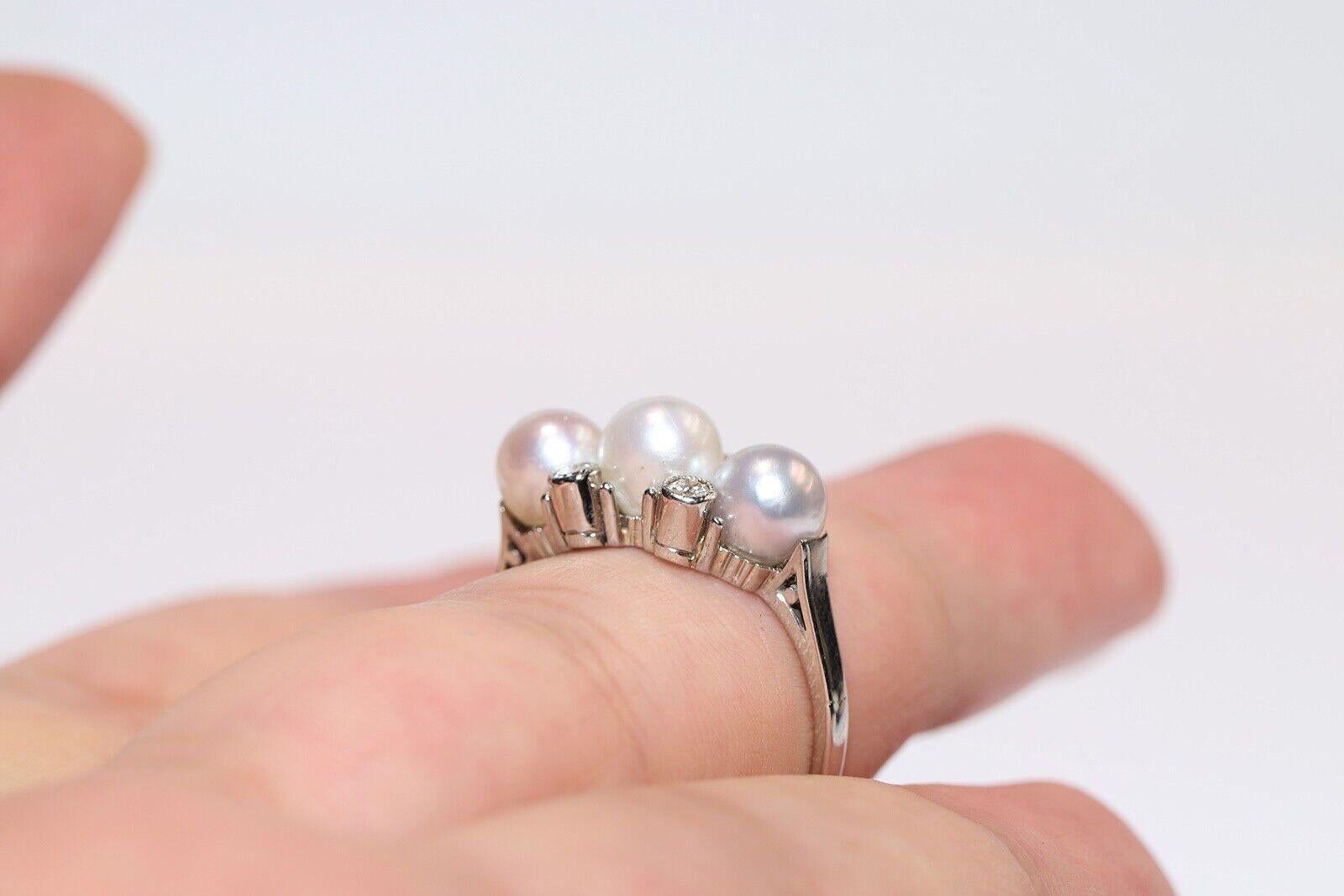 Handgefertigter 14k Gold Ring mit natürlichem Diamant und Perlen, Vintage, ca. 1970er Jahre im Angebot 1