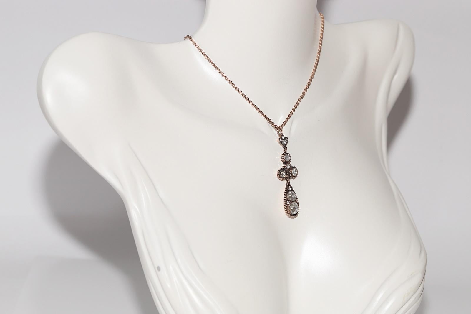Taglio a rosa Collana a goccia con diamanti naturali taglio rosa in oro 8K, vintage, circa anni '70, realizzata a mano in vendita
