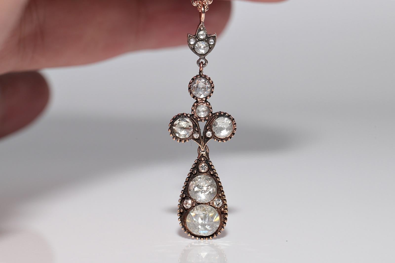 Collana a goccia con diamanti naturali taglio rosa in oro 8K, vintage, circa anni '70, realizzata a mano In condizioni buone in vendita a Fatih/İstanbul, 34