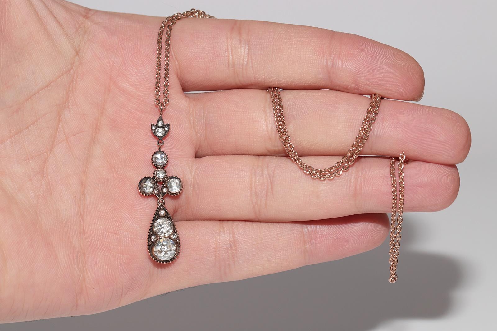 Donna Collana a goccia con diamanti naturali taglio rosa in oro 8K, vintage, circa anni '70, realizzata a mano in vendita
