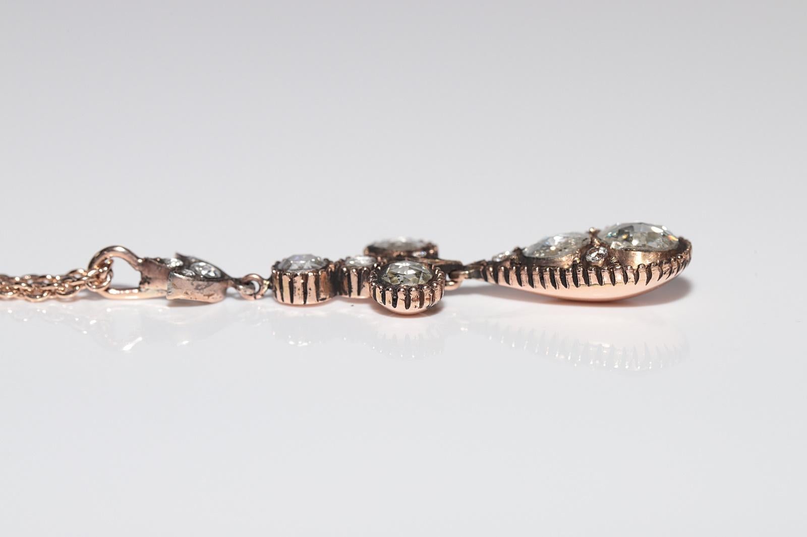 Collana a goccia con diamanti naturali taglio rosa in oro 8K, vintage, circa anni '70, realizzata a mano in vendita 2