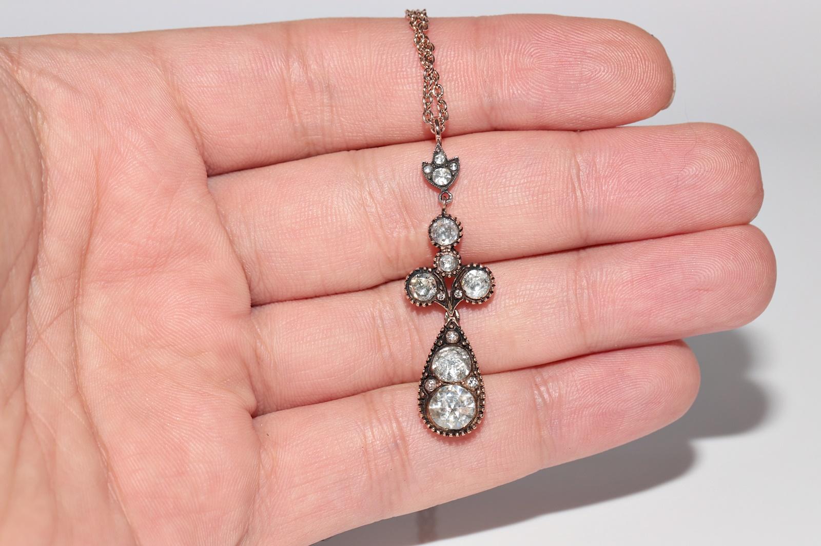 Collana a goccia con diamanti naturali taglio rosa in oro 8K, vintage, circa anni '70, realizzata a mano in vendita 3