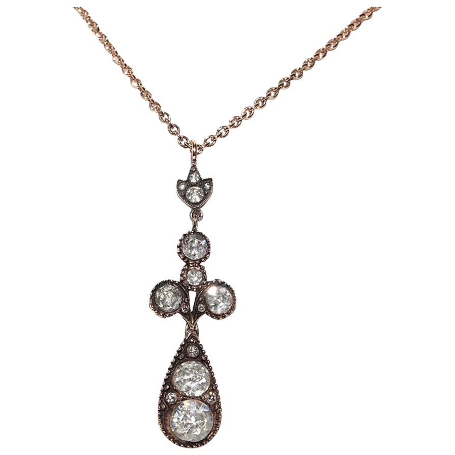 Collana a goccia con diamanti naturali taglio rosa in oro 8K, vintage, circa anni '70, realizzata a mano