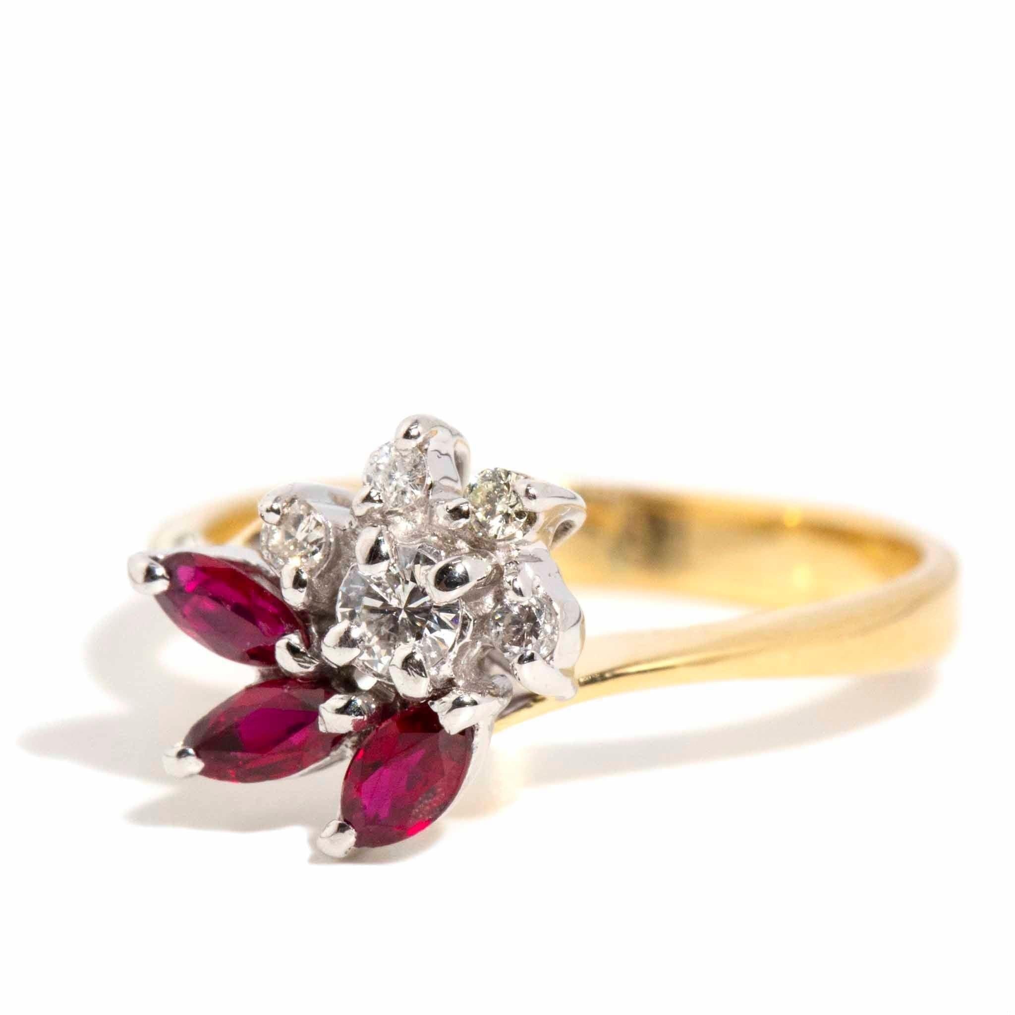 Modern Vintage Circa 1970s Marquise Ruby & Diamond Flower Cluster Ring 18 Carat Gold For Sale