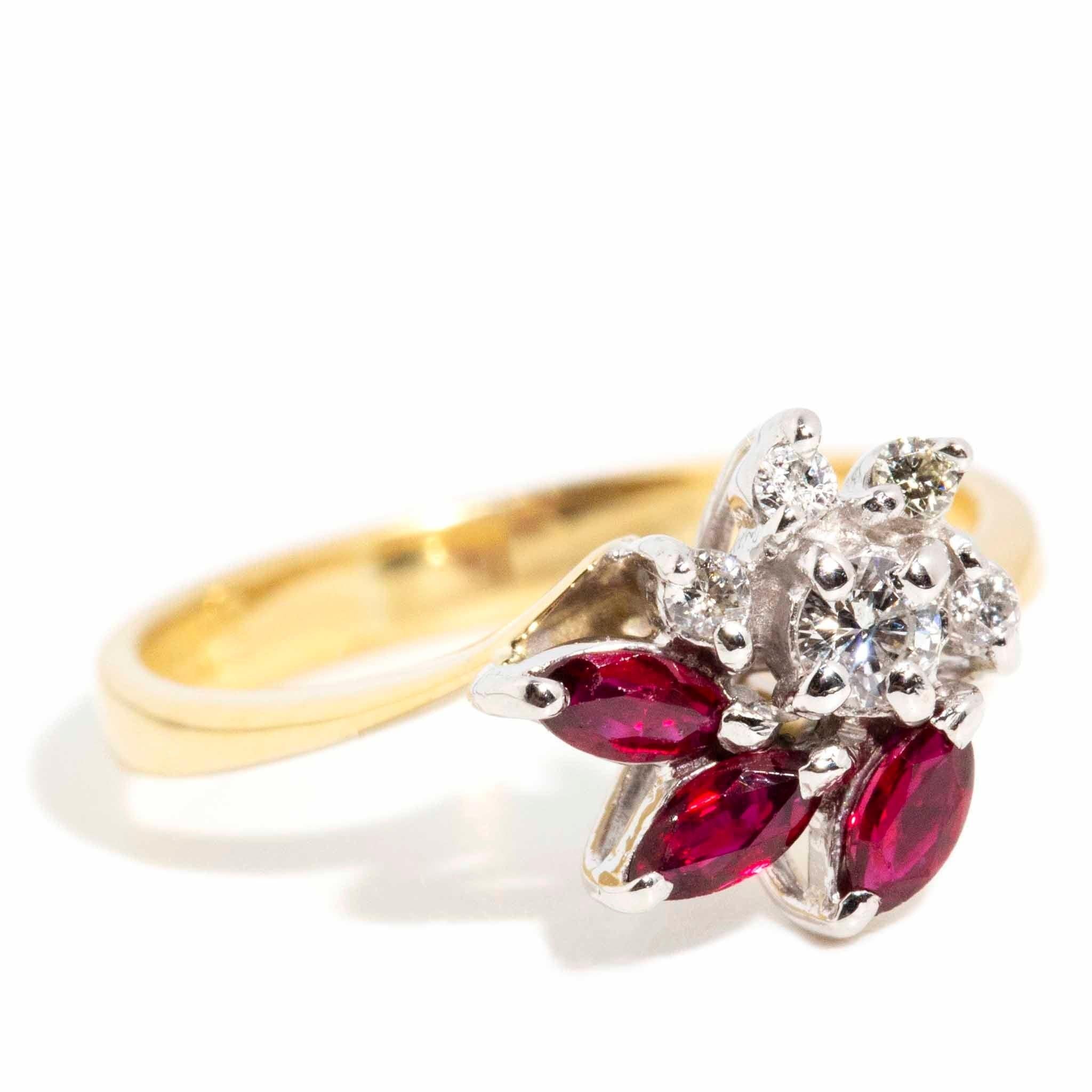 Brilliant Cut Vintage Circa 1970s Marquise Ruby & Diamond Flower Cluster Ring 18 Carat Gold For Sale