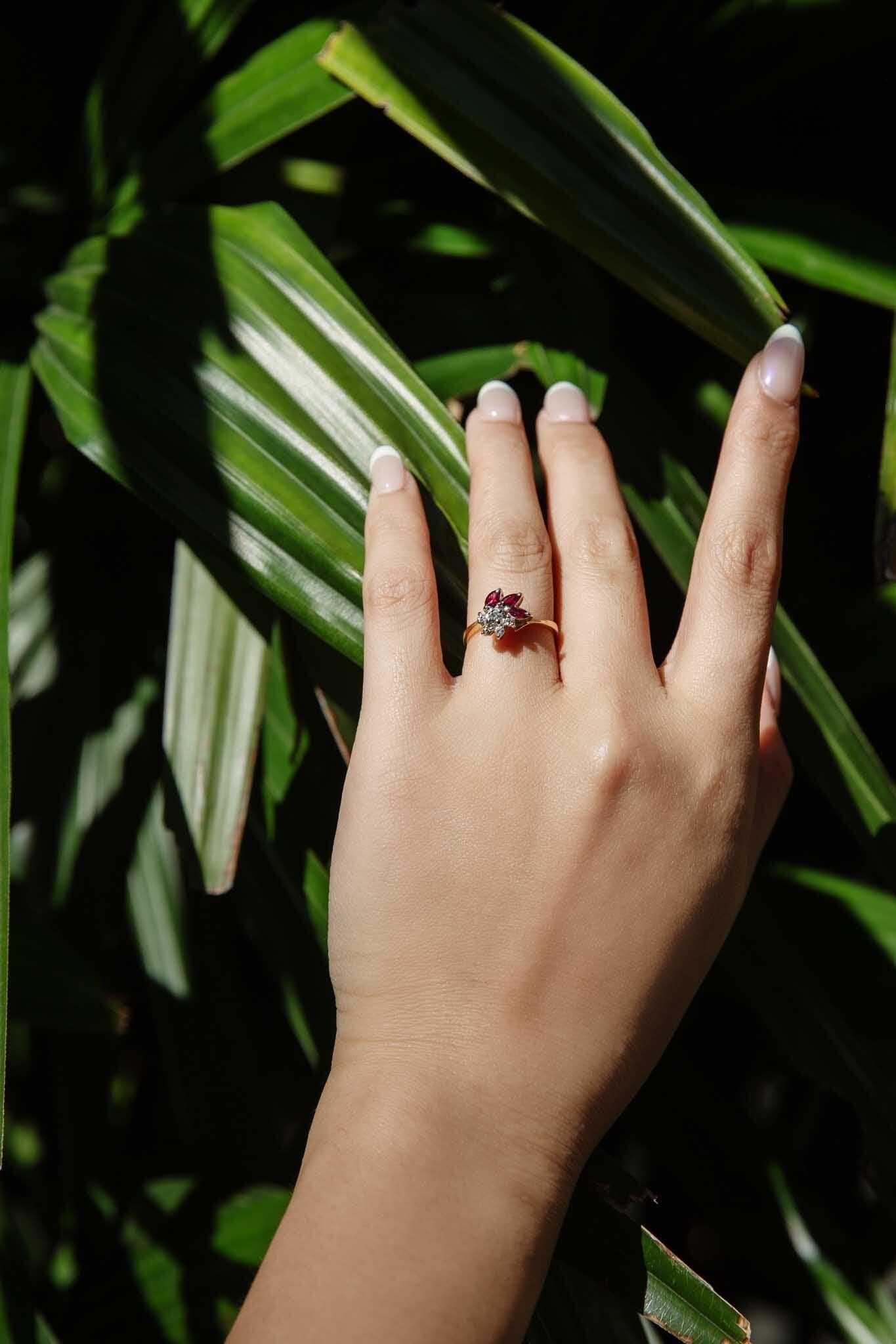 Vintage Circa 1970s Marquise Ruby & Diamond Flower Cluster Ring 18 Carat Gold In Good Condition For Sale In Hamilton, AU