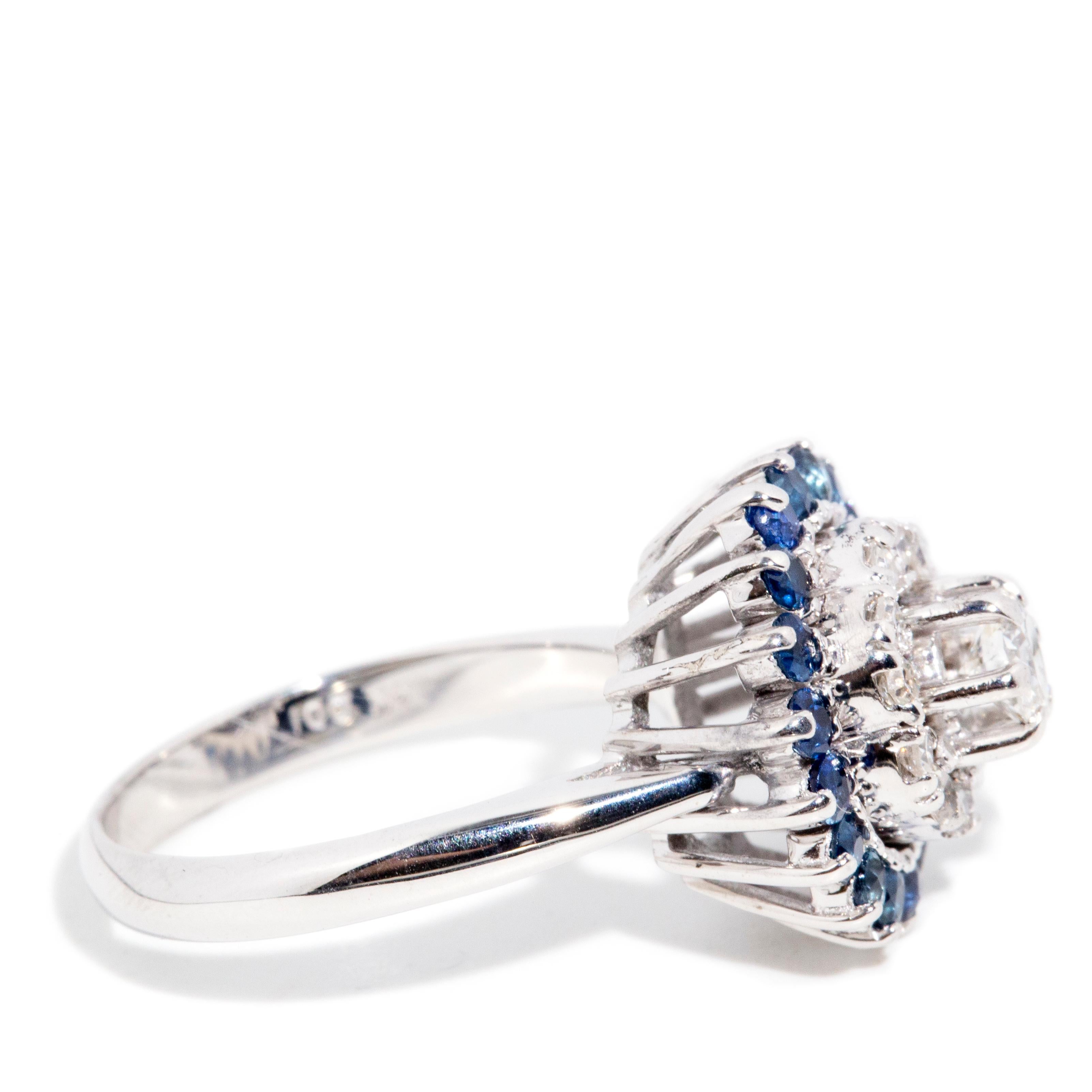 14 Karat Gold Halo-Ring mit natürlichem tiefblauem Saphir und Diamant, Vintage, ca. 1970er Jahre 1