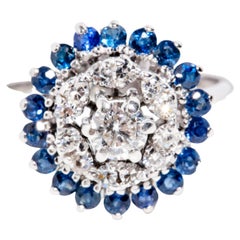 Vintage Circa 1970s Natural Deep Blue Sapphire & Diamond Halo Ring 14 Carat Gold