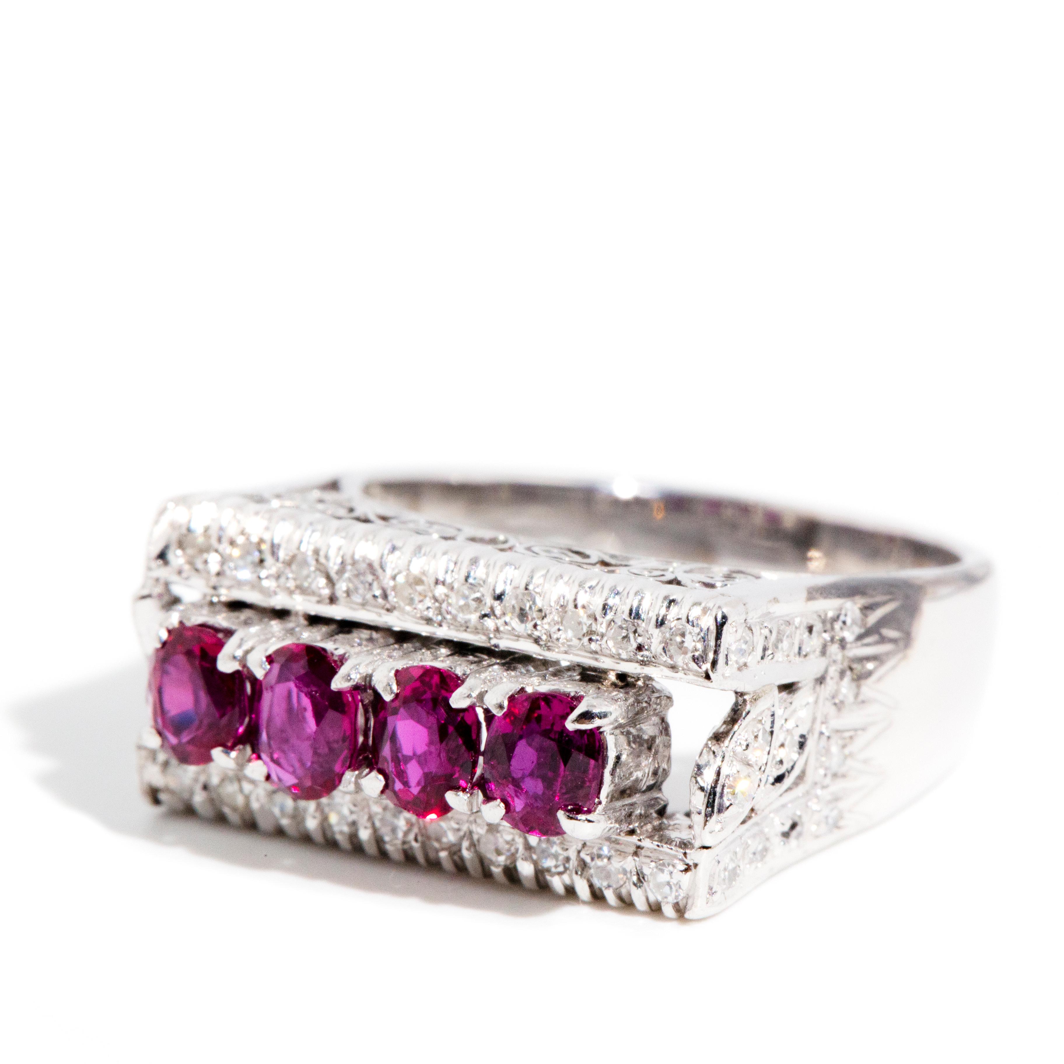 Oval Cut Vintage Circa 1970s Natural Ruby & Diamond Filigree Ring 18 Carat White Gold For Sale