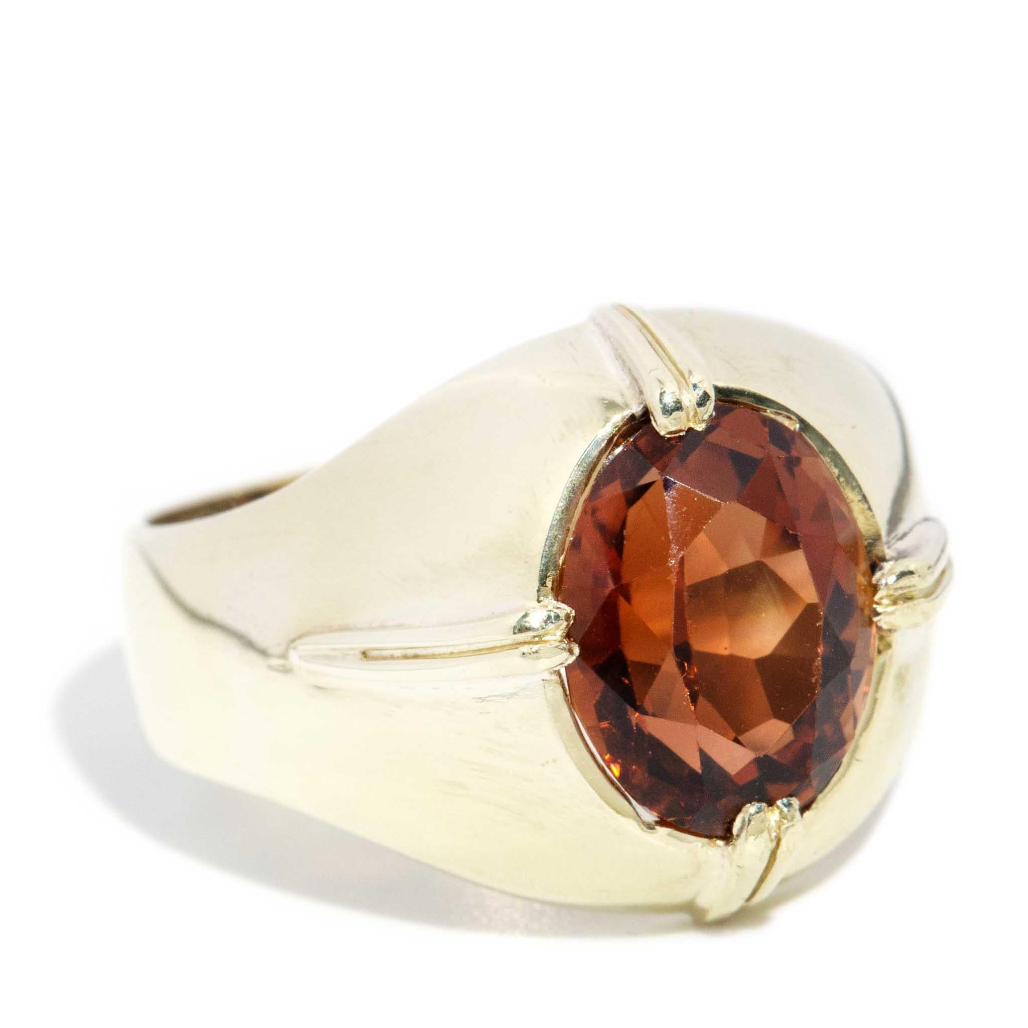Modern Vintage Circa 1970s Orange Tourmaline Domed Ring 14 Carat Yellow Gold For Sale
