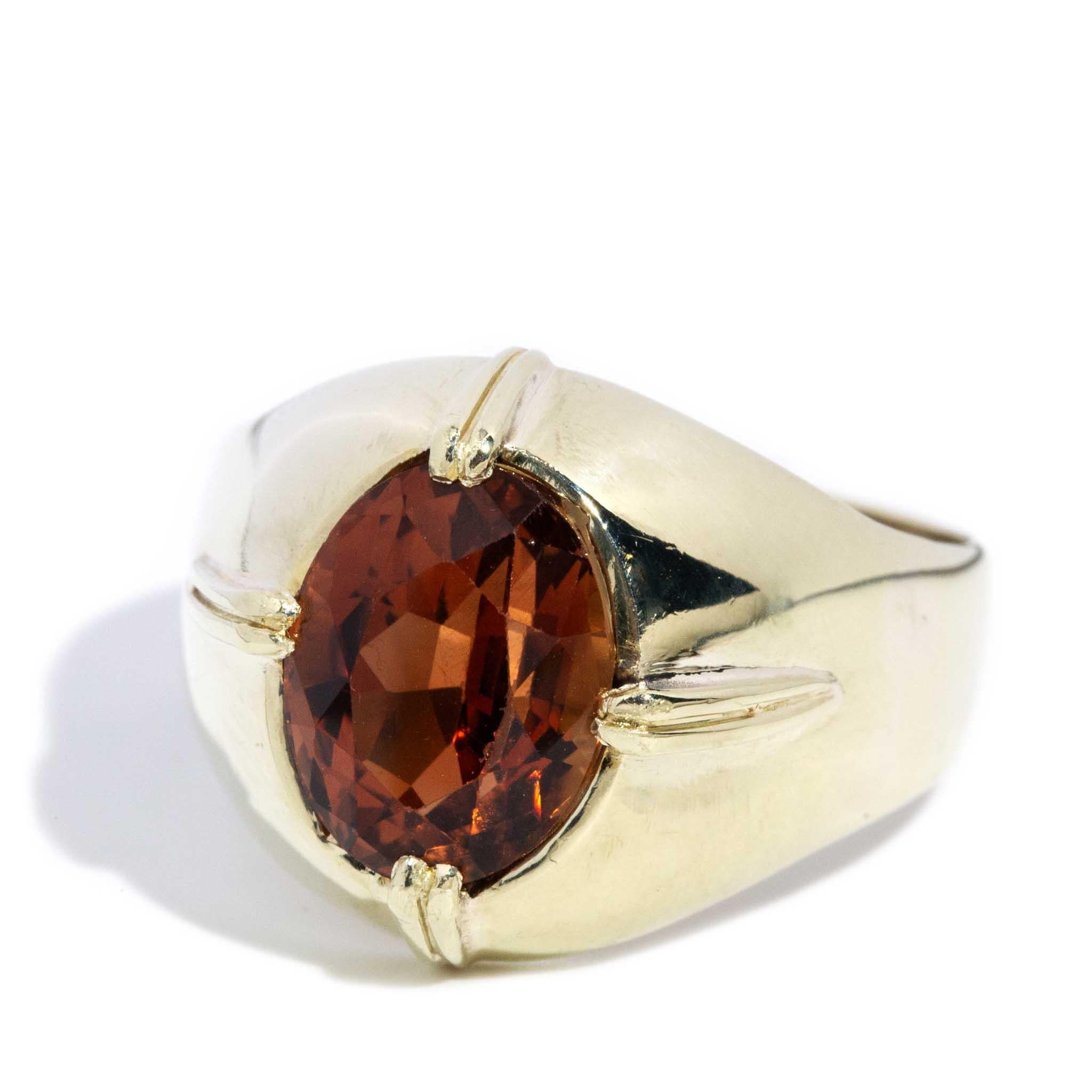 Oval Cut Vintage Circa 1970s Orange Tourmaline Domed Ring 14 Carat Yellow Gold For Sale