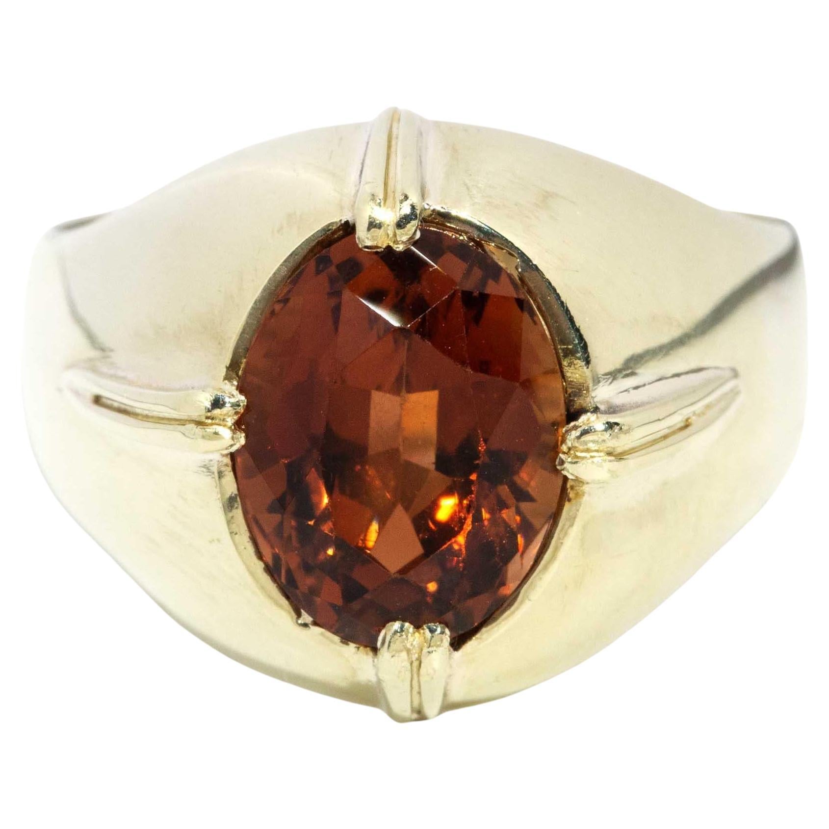 Vintage Circa 1970s Orange Tourmaline Domed Ring 14 Carat Yellow Gold