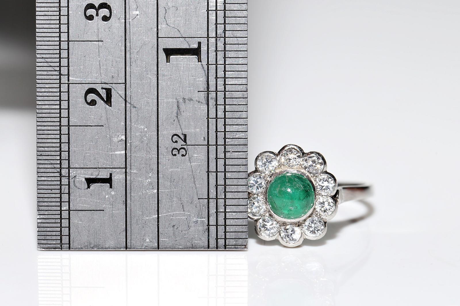 Vintage Circa 1970s Platinum Natural Diamond And Cabochon Emerald Ring  6
