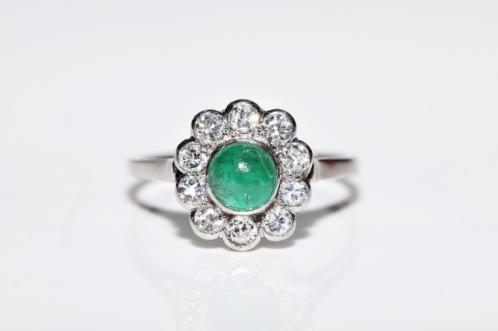 Women's Vintage Circa 1970s Platinum Natural Diamond And Cabochon Emerald Ring 