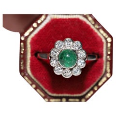 Vintage Circa 1970s Platinum Natural Diamond And Cabochon Emerald Ring 