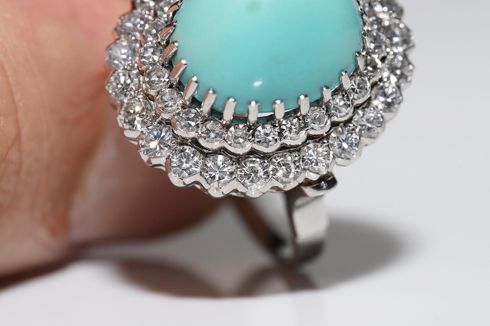 Vintage Circa 1970s Platinum Natural Diamond And Turquoise Decorated Ring 4