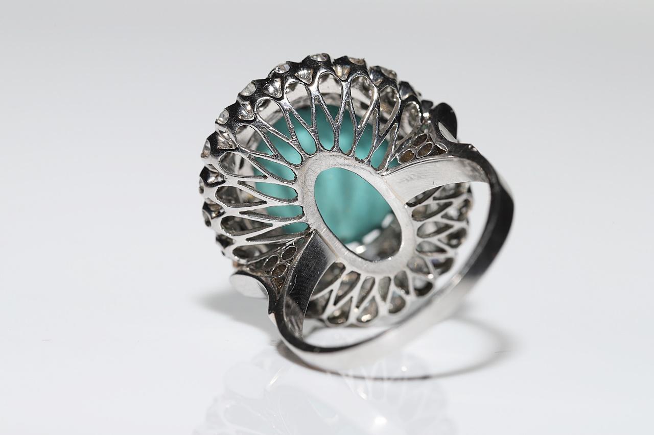 Vintage Circa 1970s Platinum Natural Diamond And Turquoise Decorated Ring For Sale 5