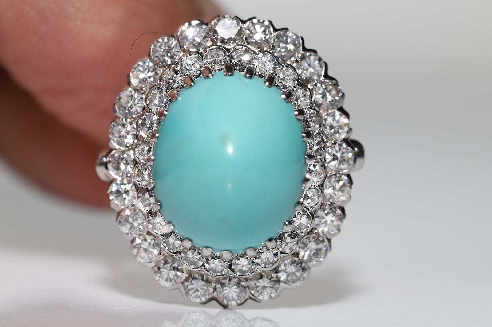 Vintage Circa 1970s Platinum Natural Diamond And Turquoise Decorated Ring For Sale 6