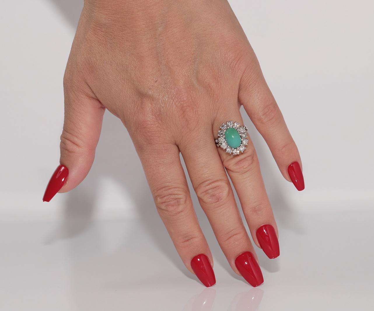 Vintage Circa 1970er Jahre Platin Natürlicher Diamant und Türkis Dekorierter Ring im Angebot 6