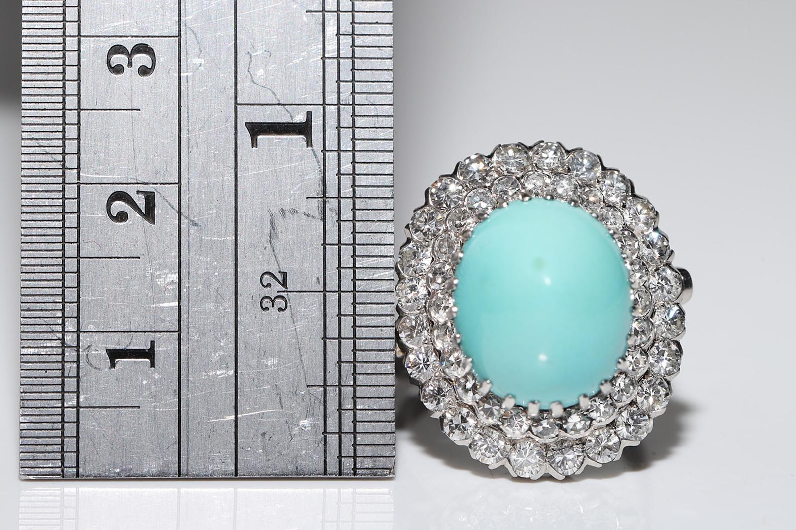 Vintage Circa 1970s Platinum Natural Diamond And Turquoise Decorated Ring For Sale 7
