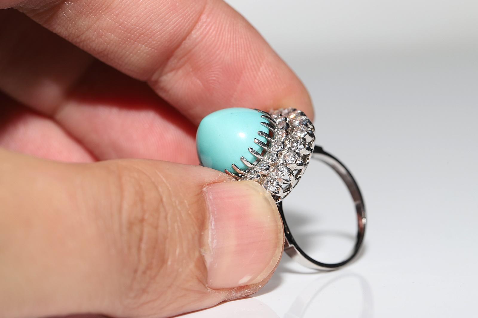 Vintage Circa 1970s Platinum Natural Diamond And Turquoise Decorated Ring 11