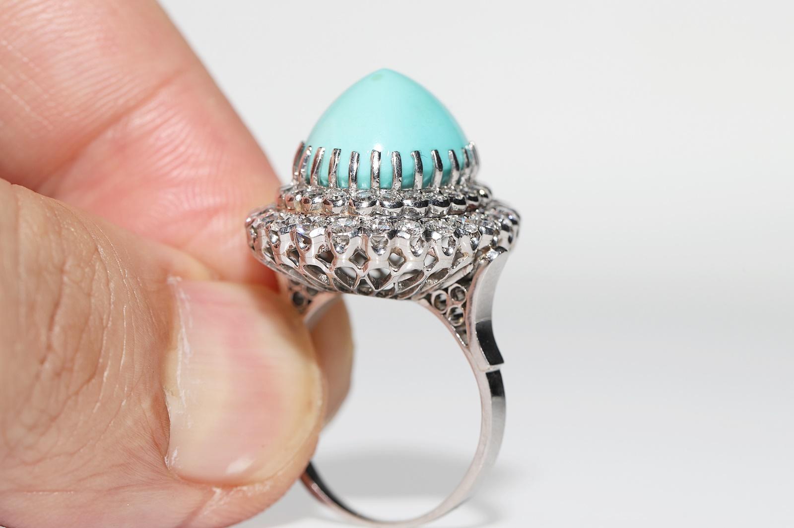 Vintage Circa 1970s Platinum Natural Diamond And Turquoise Decorated Ring For Sale 13