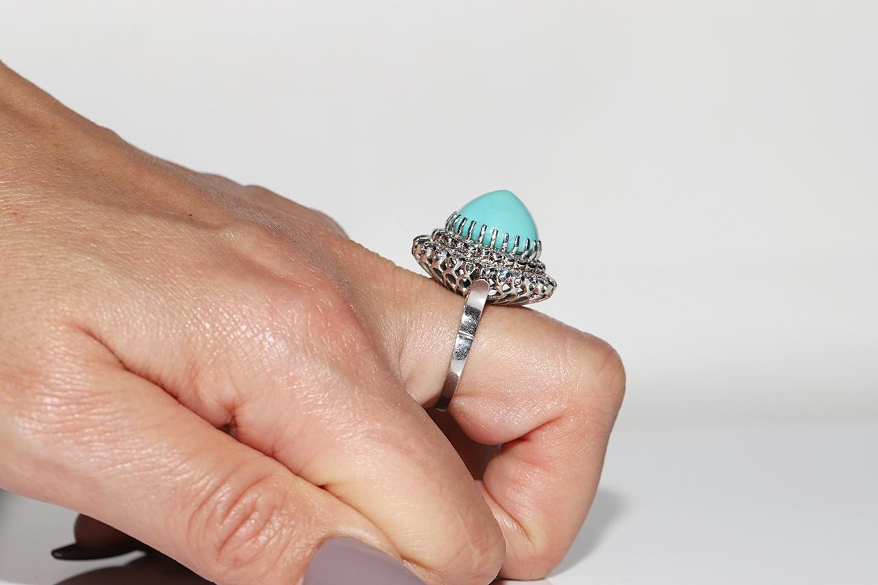 Brilliant Cut Vintage Circa 1970s Platinum Natural Diamond And Turquoise Decorated Ring For Sale