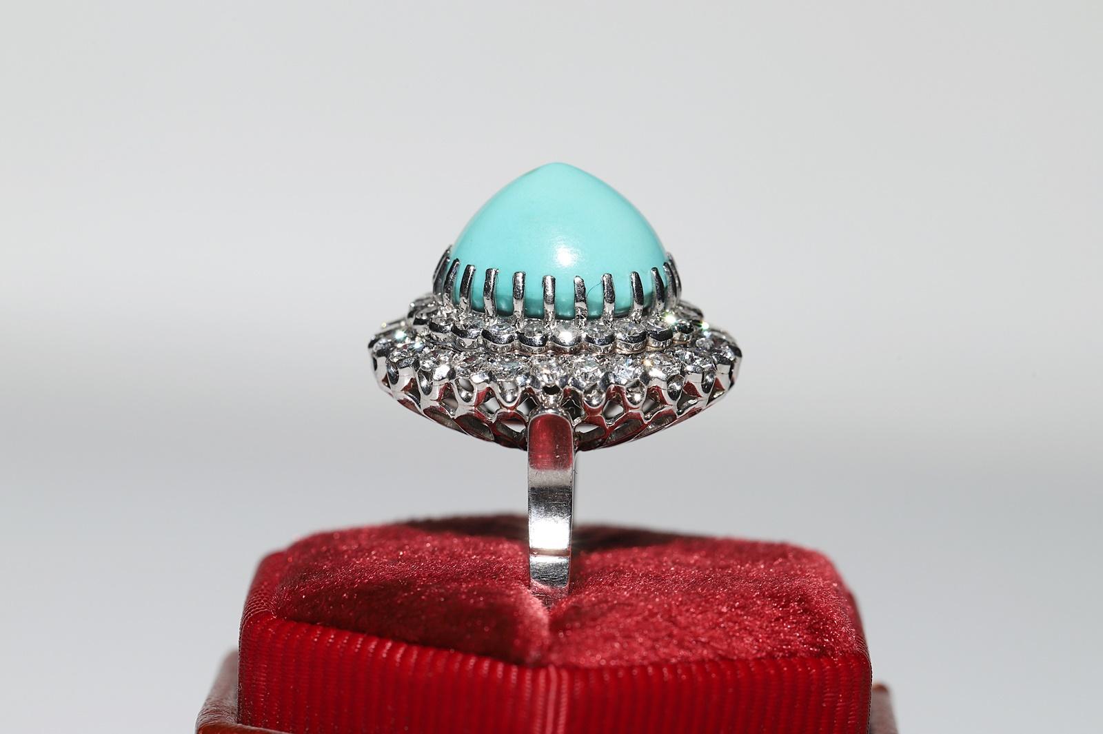 Women's or Men's Vintage Circa 1970s Platinum Natural Diamond And Turquoise Decorated Ring For Sale