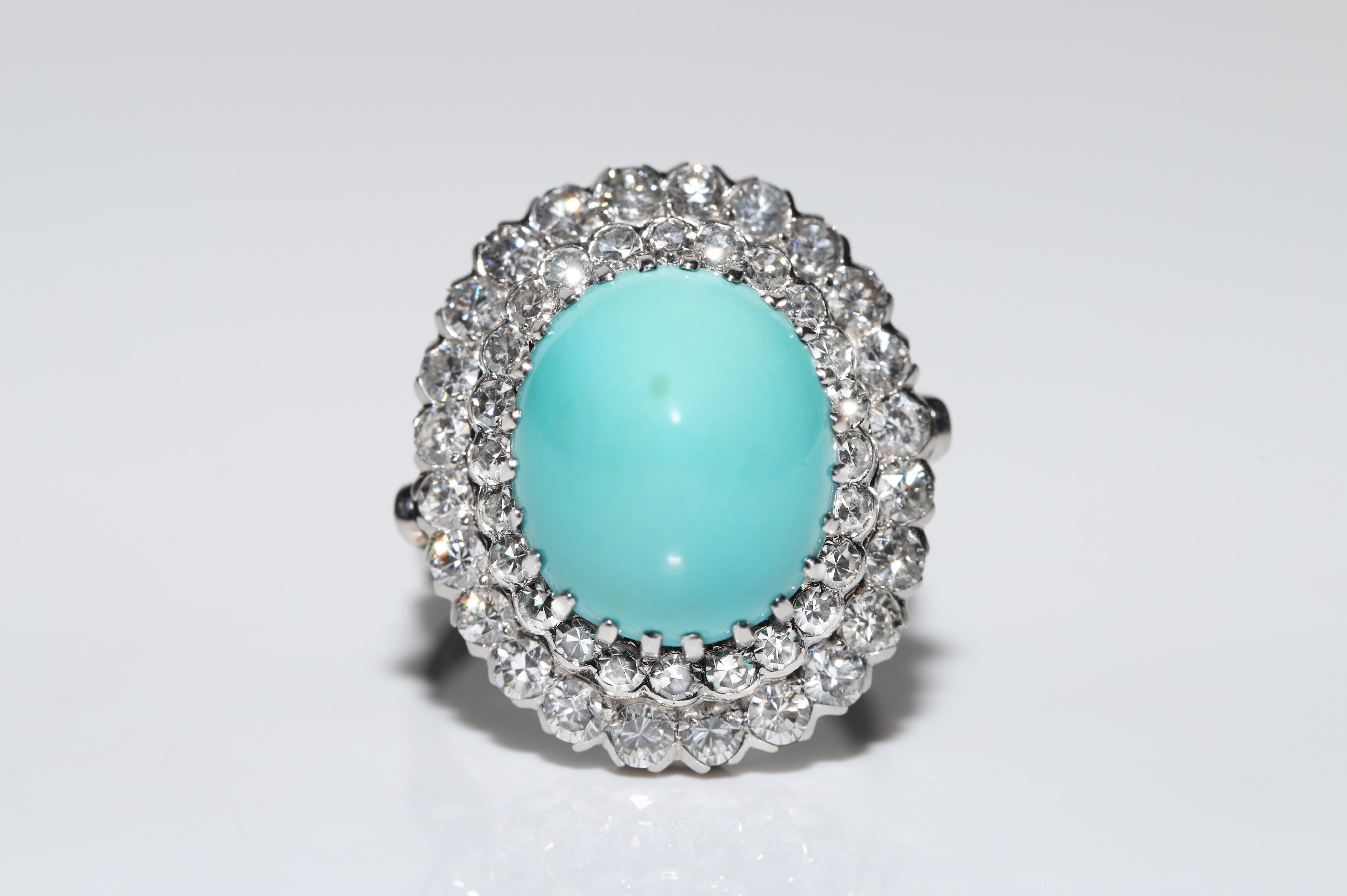 Vintage Circa 1970s Platinum Natural Diamond And Turquoise Decorated Ring 1