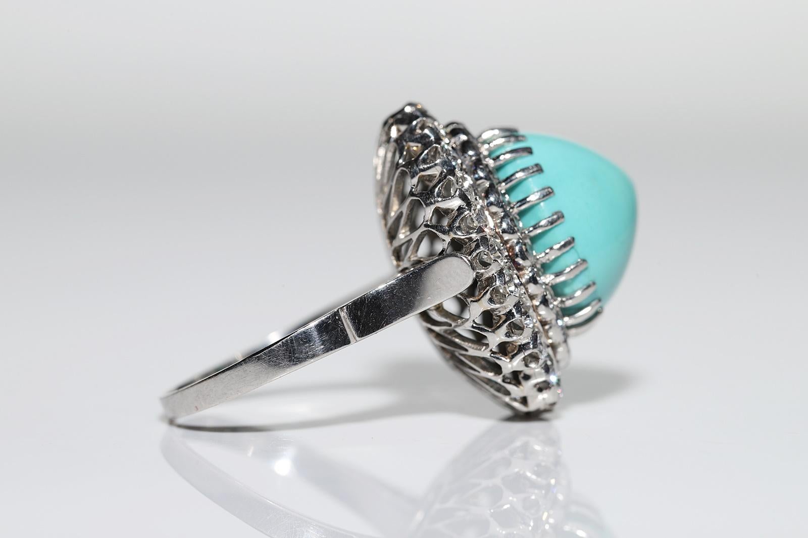 Vintage Circa 1970s Platinum Natural Diamond And Turquoise Decorated Ring For Sale 3