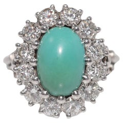 Vintage Circa 1970s Platinum Natural Diamond And Turquoise Decorated Ring