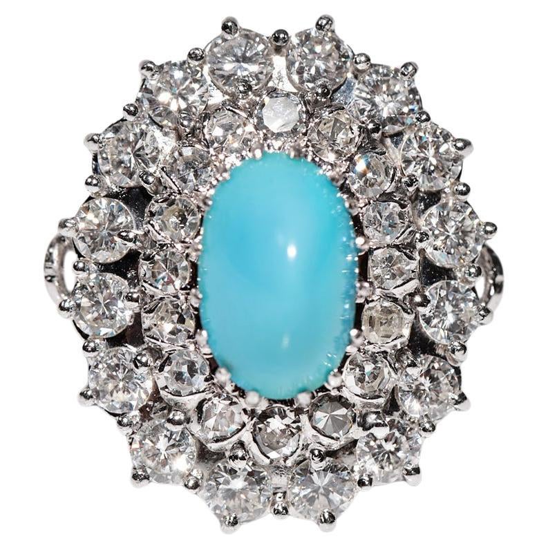 Bague vintage des années 1970 en platine, diamant naturel et turquoise